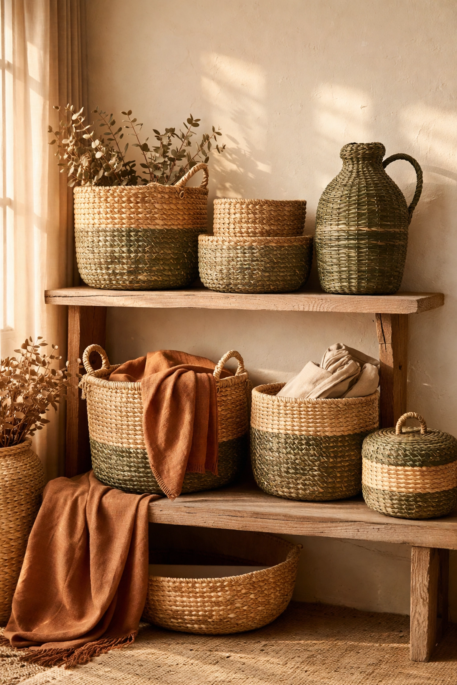 Handwoven seagrass and rattan baskets in earthy green and neutral tones for artisan storage decor