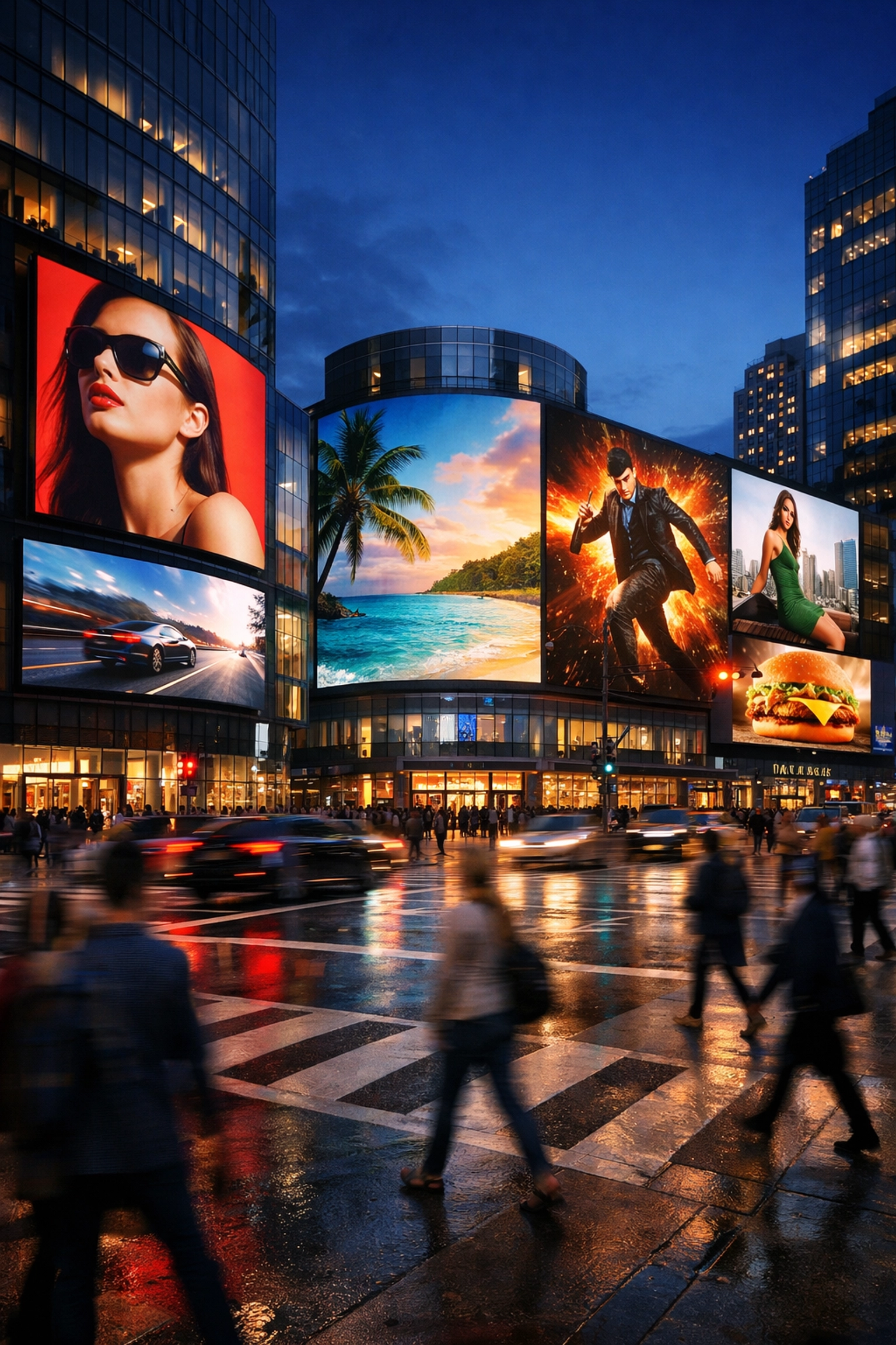 Large digital billboards illuminate a busy city intersection at dusk, showcasing urban DOOH advertising reach.