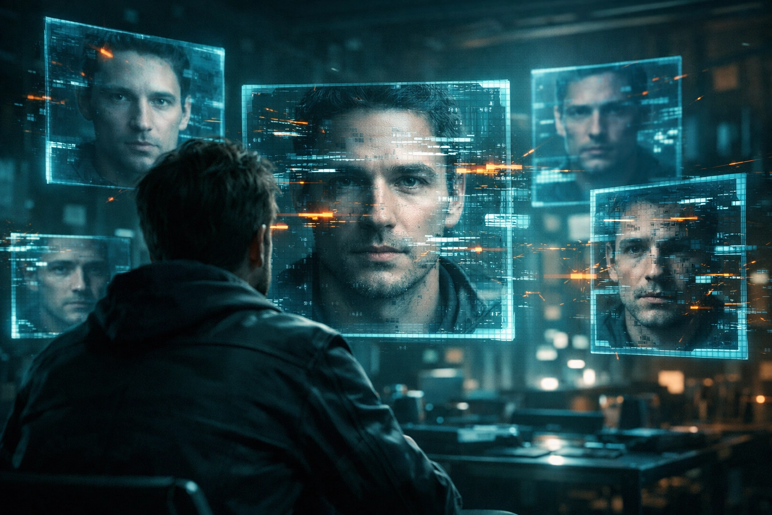 A person examines glitching holographic faces, illustrating themes of deepfakes in dystopian sci-fi books.