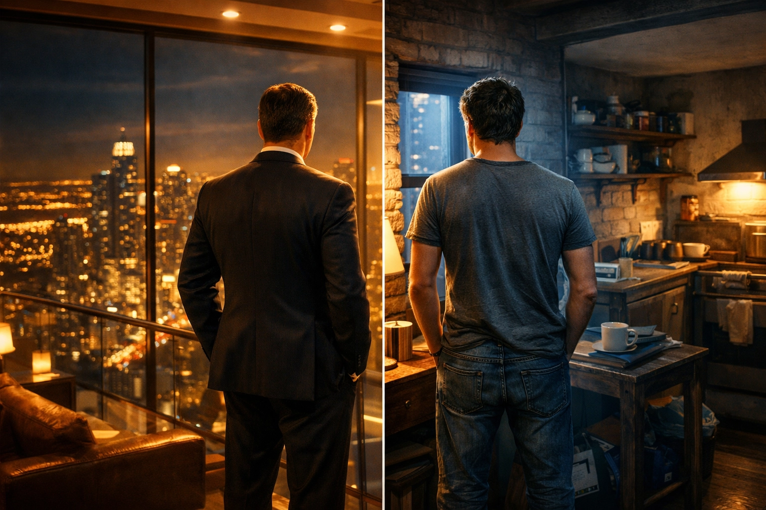 MM romance rich and poor trope: two men in contrasting worlds, penthouse versus modest apartment
