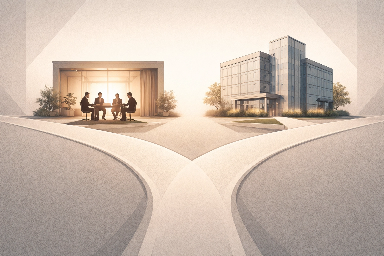 Diverging paths representing internal and external business sale options in succession planning decisions