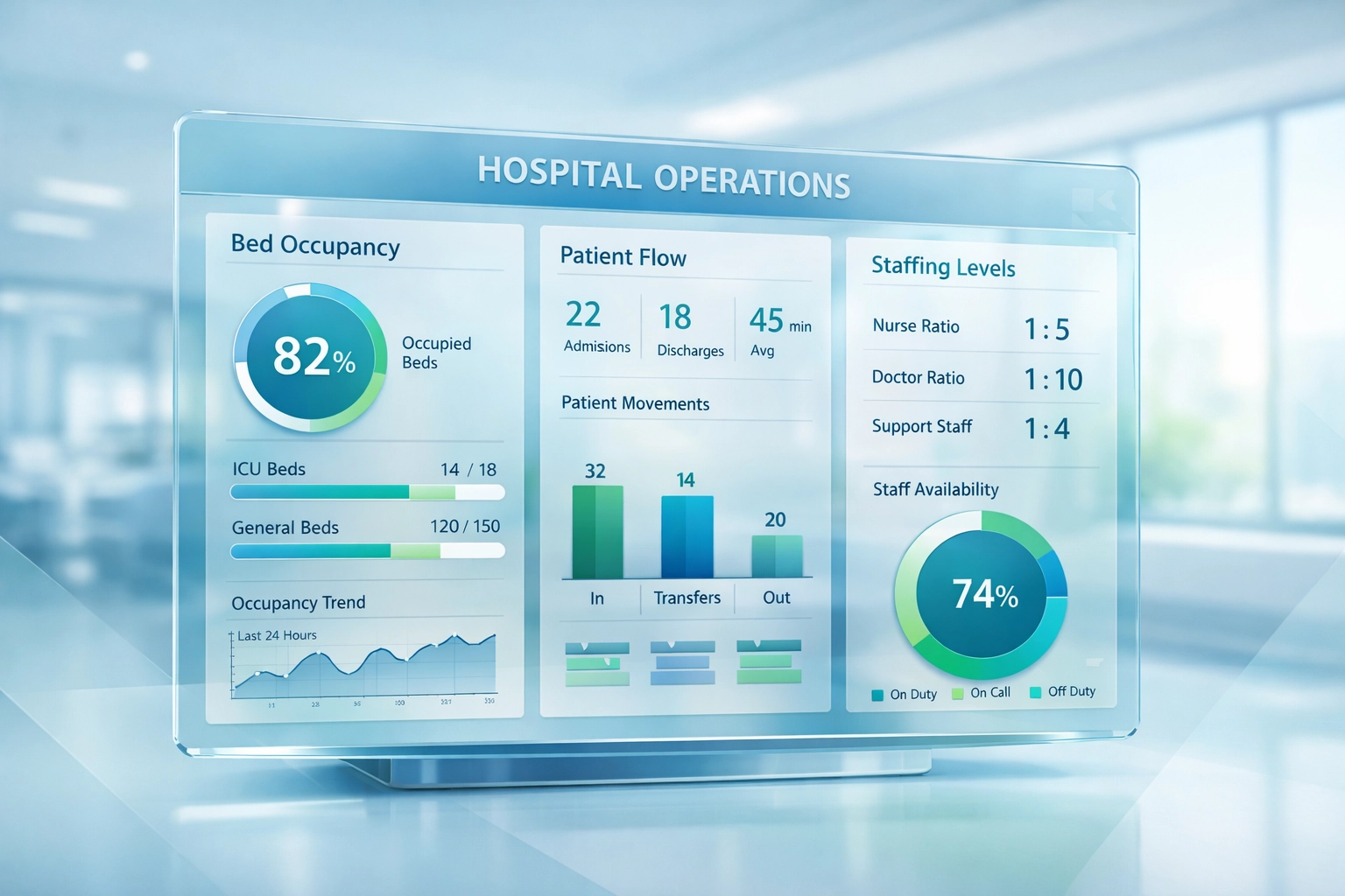 Operational dashboard displaying real-time bed occupancy and patient flow metrics for 50-bed facility