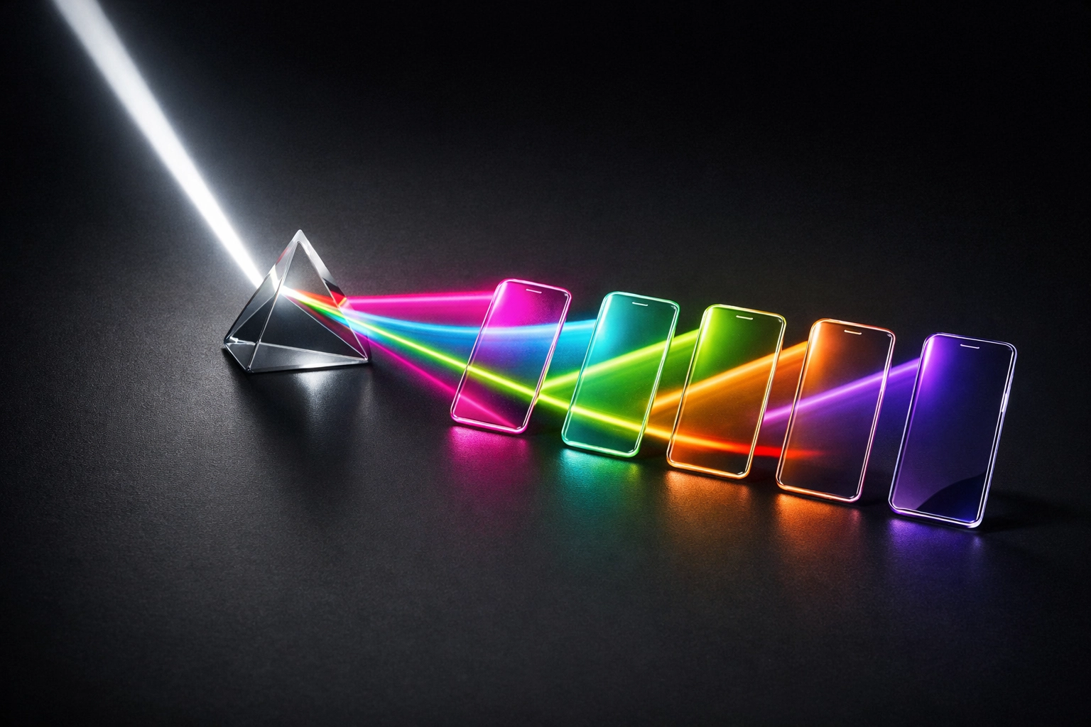 A light prism transforming a single idea into diverse content formats for various social media platforms.