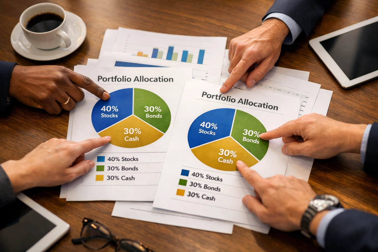 Accredited investors reviewing 40/30/30 portfolio allocation charts and diversification strategy