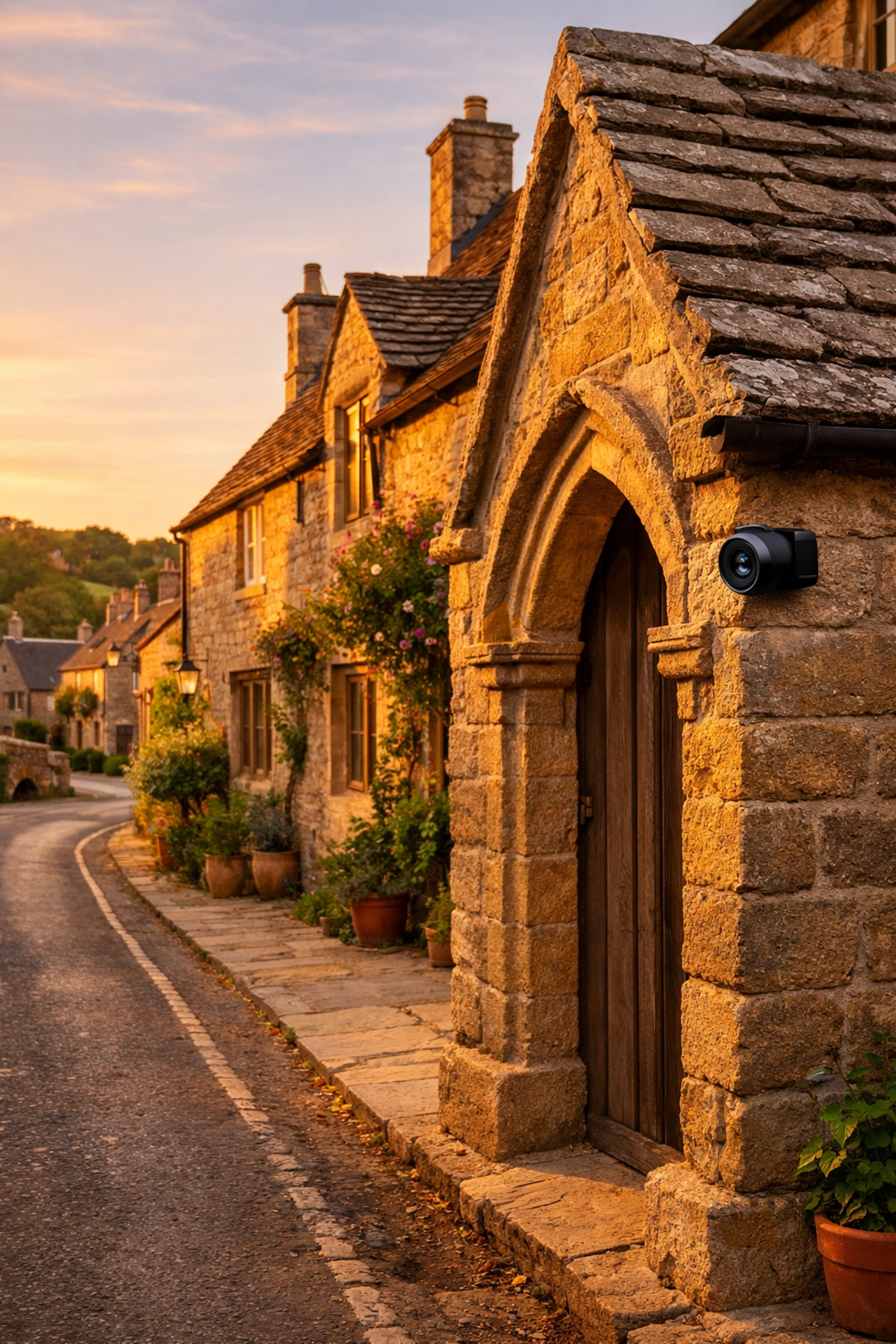 Discreet security camera installation on a traditional stone cottage in a Somerset village near Yeovil.