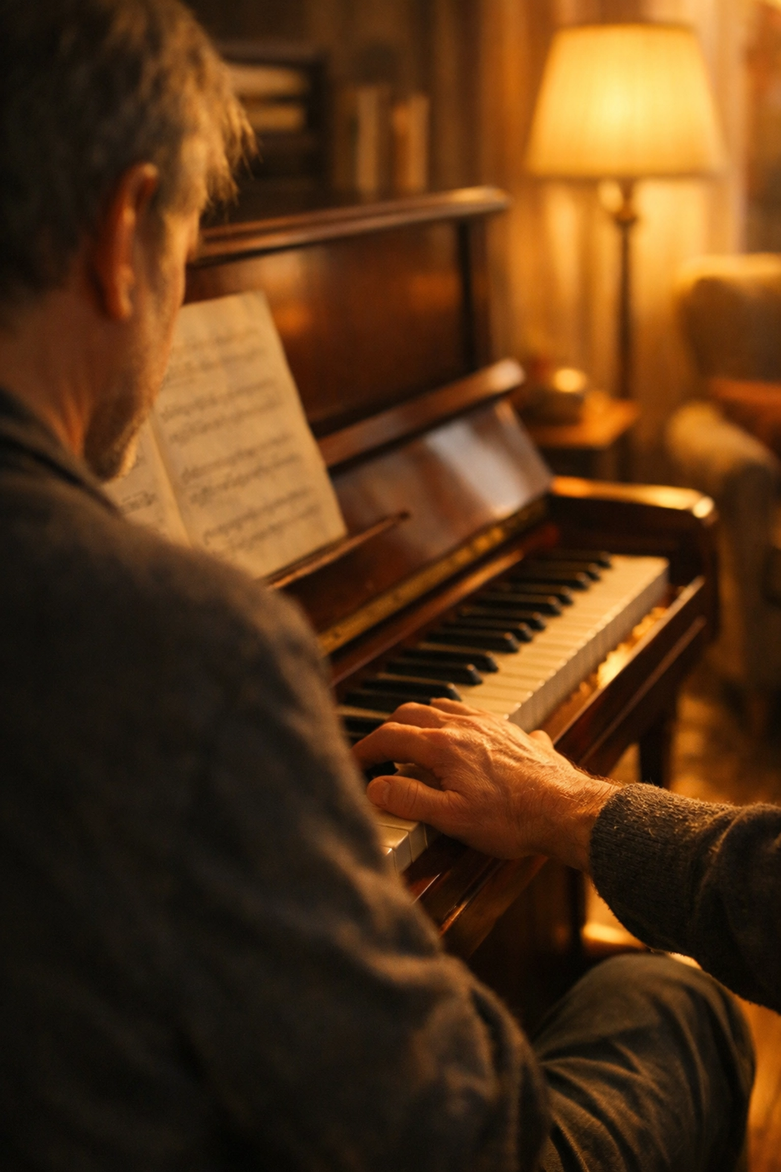 An adult learner playing piano chords in a warm, cozy room for a relaxing evening music session.