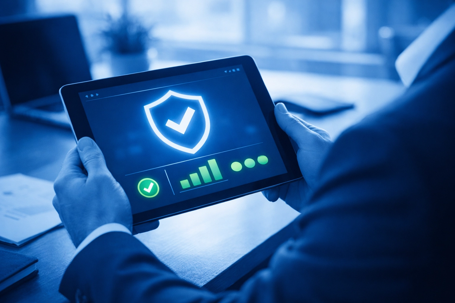 Professional checking a secure cloud dashboard on a tablet with a shield icon and green status indicators.