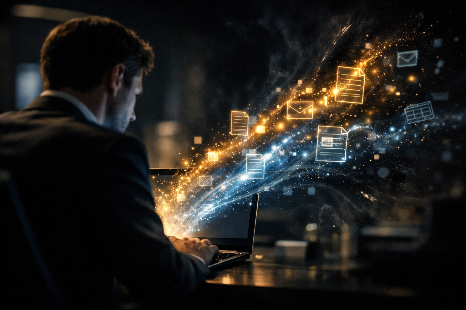 An office worker unknowingly leaking company data into a void, representing the primary Shadow AI security risk.