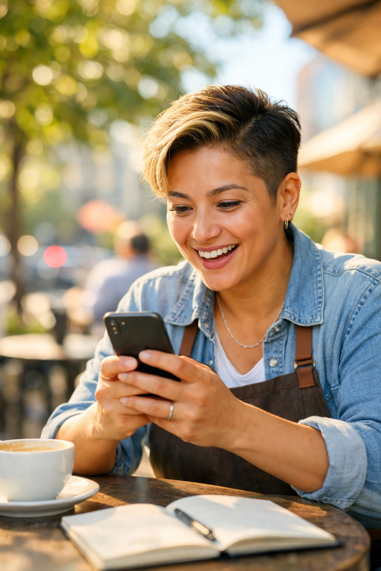 A happy business owner checking high-quality sales leads at a cafe, captured by automated lead nurturing software.