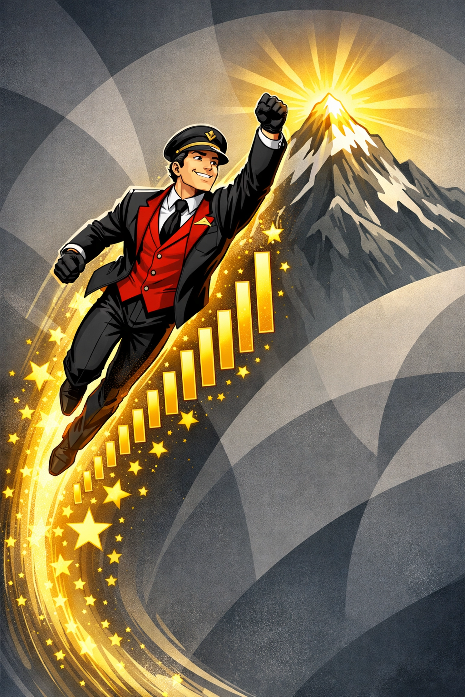 An energetic graphic novel style illustration featuring a professional character in a modern, sharp valet uniform soaring upward toward a stylized mountain peak. As the character ascends, they leave a trail of shimmering, bold yellow stars and perfectly organized vertical bar chart data points. The background consists of sophisticated muted grey gradients with large, rounded geometric shapes. The peak of the mountain is capped with a bright yellow glow, symbolizing the ultimate scale. Aspirational, polished, and dynamic.