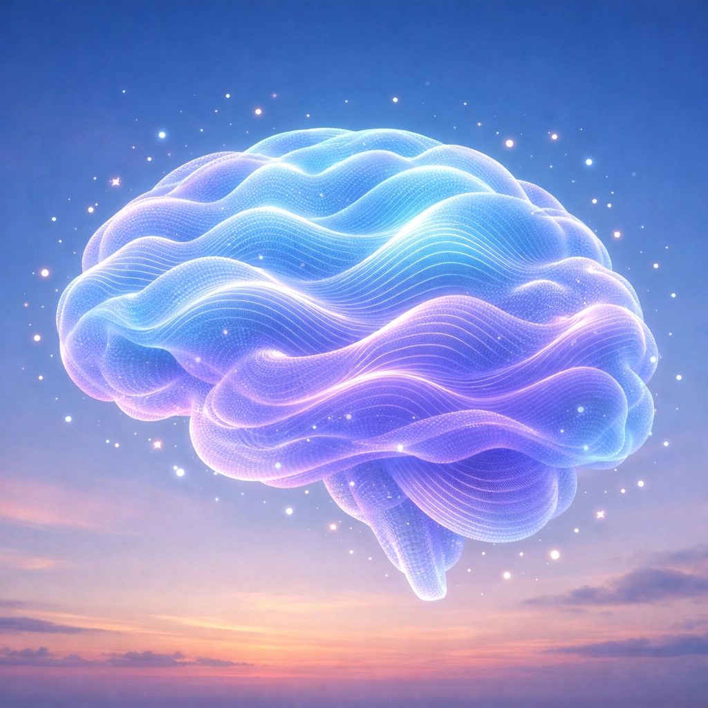 Brain with glowing waves representing mental clarity during early morning hours