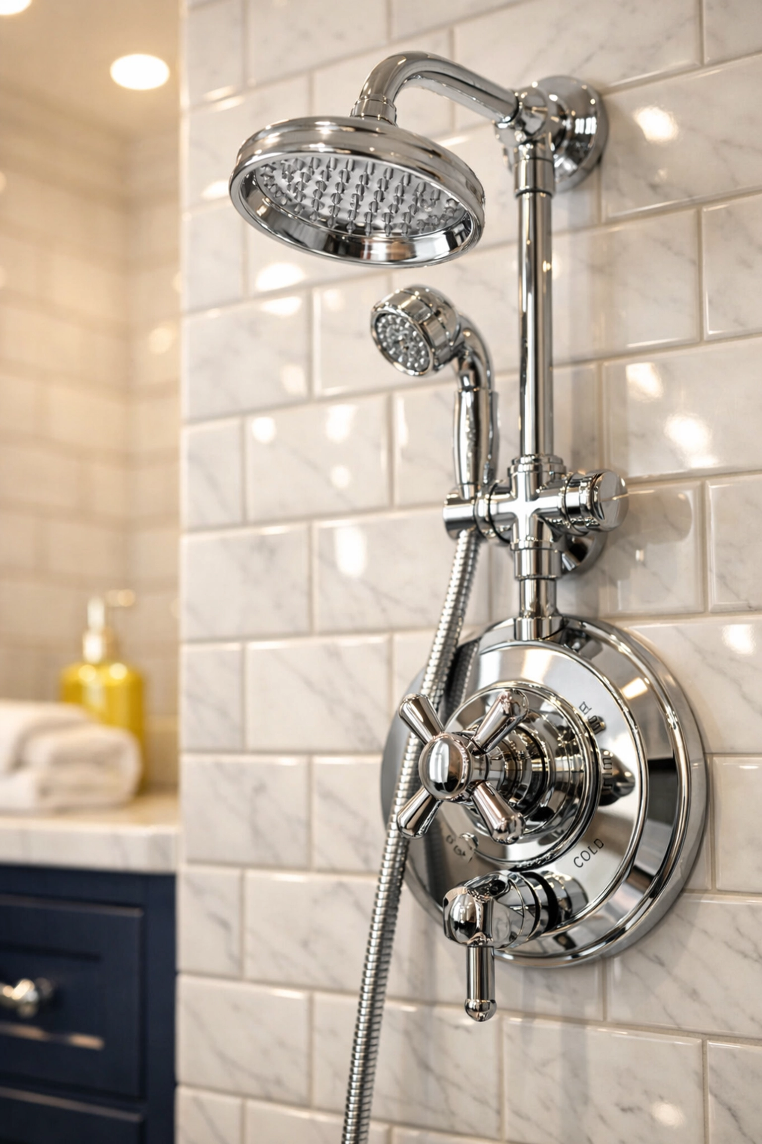 Spotless white marble bathroom tiles and clean grout lines ready for a successful Boston apartment turnover.