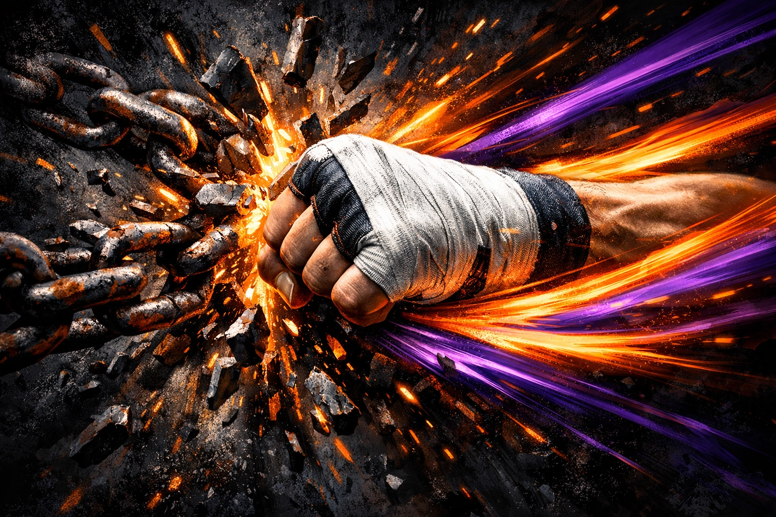 A boxer's fist shattering chains, representing Conor Benn's Zuffa deal disrupting boxing’s old guard.