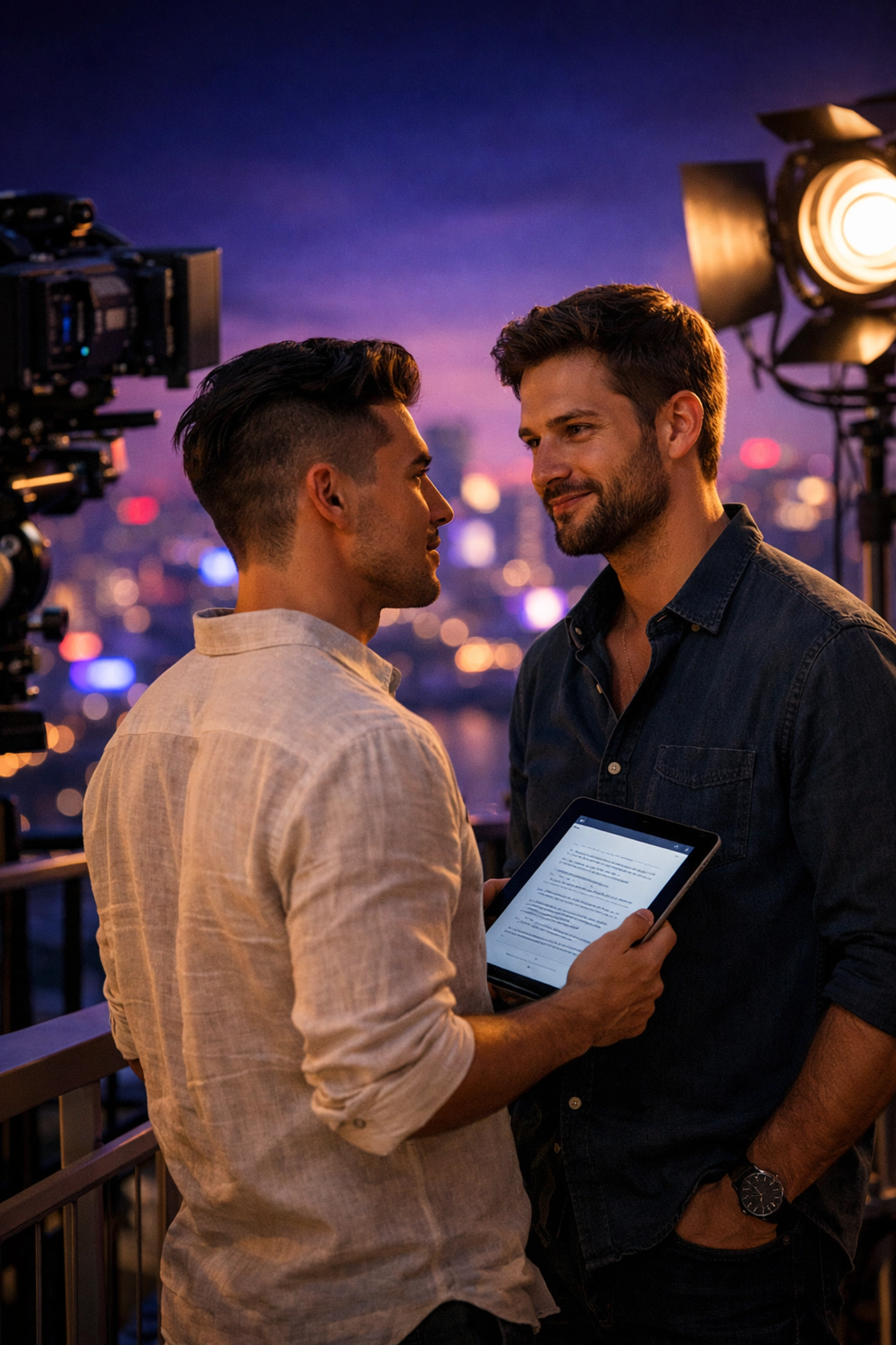 Two actors on a modern film set discussing an MM romance script against a neon cityscape.