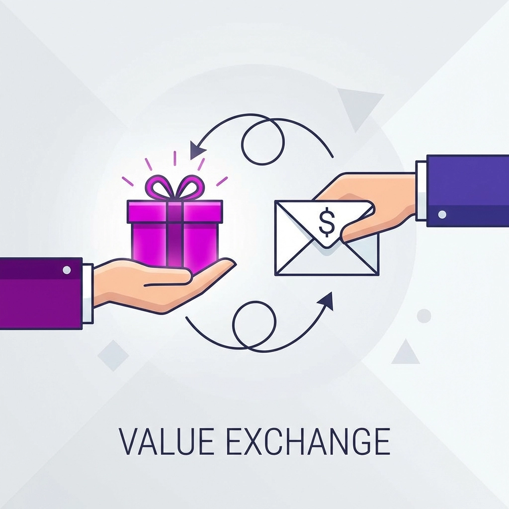 Hands exchanging a gift box and envelope, symbolizing value exchange in collecting customer data