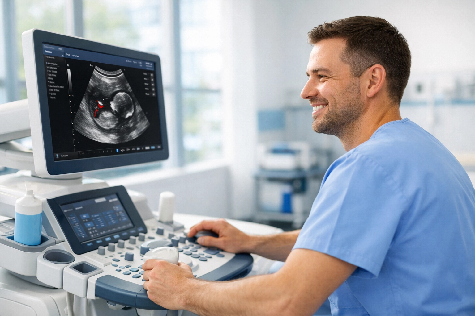 Medical technician operating ultrasound machine in healthcare facility