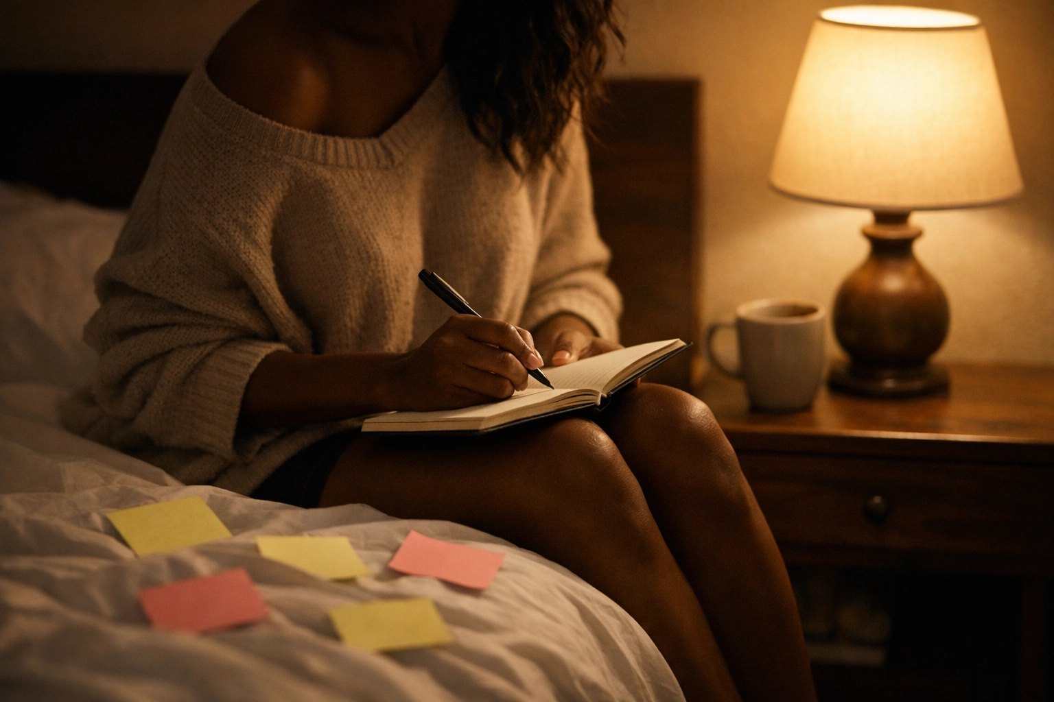 Woman experiencing racing thoughts and overthinking at night with thought bubbles representing creative anxiety