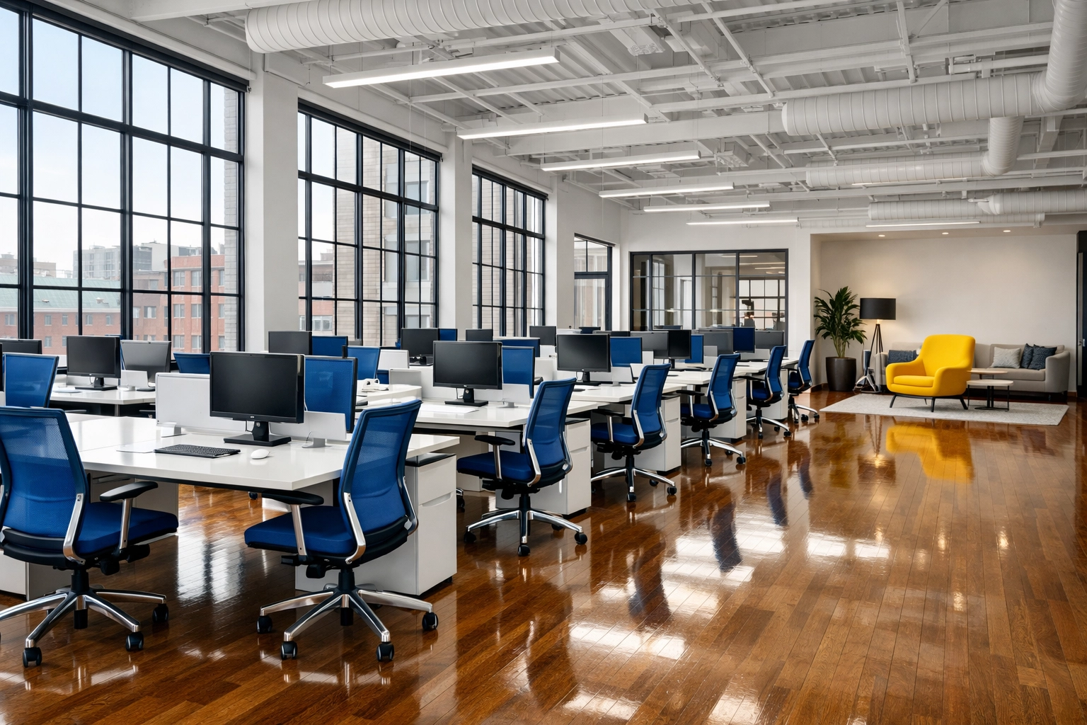 Spotless modern open-concept office desks and blue chairs showing professional Worcester office cleaning.