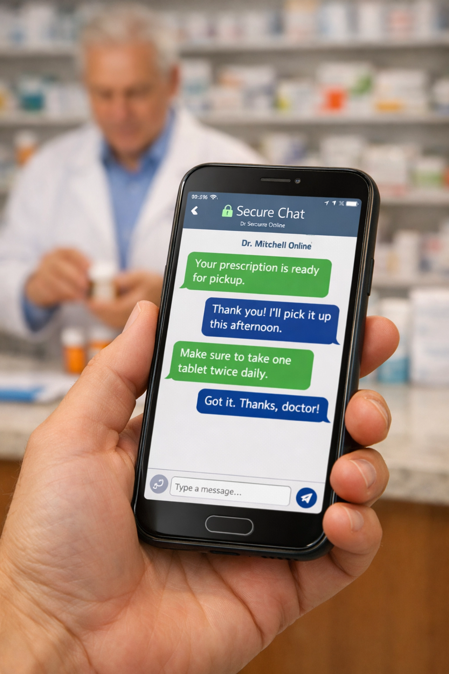 Online doctor chat on phone with prescription ready at local pharmacy