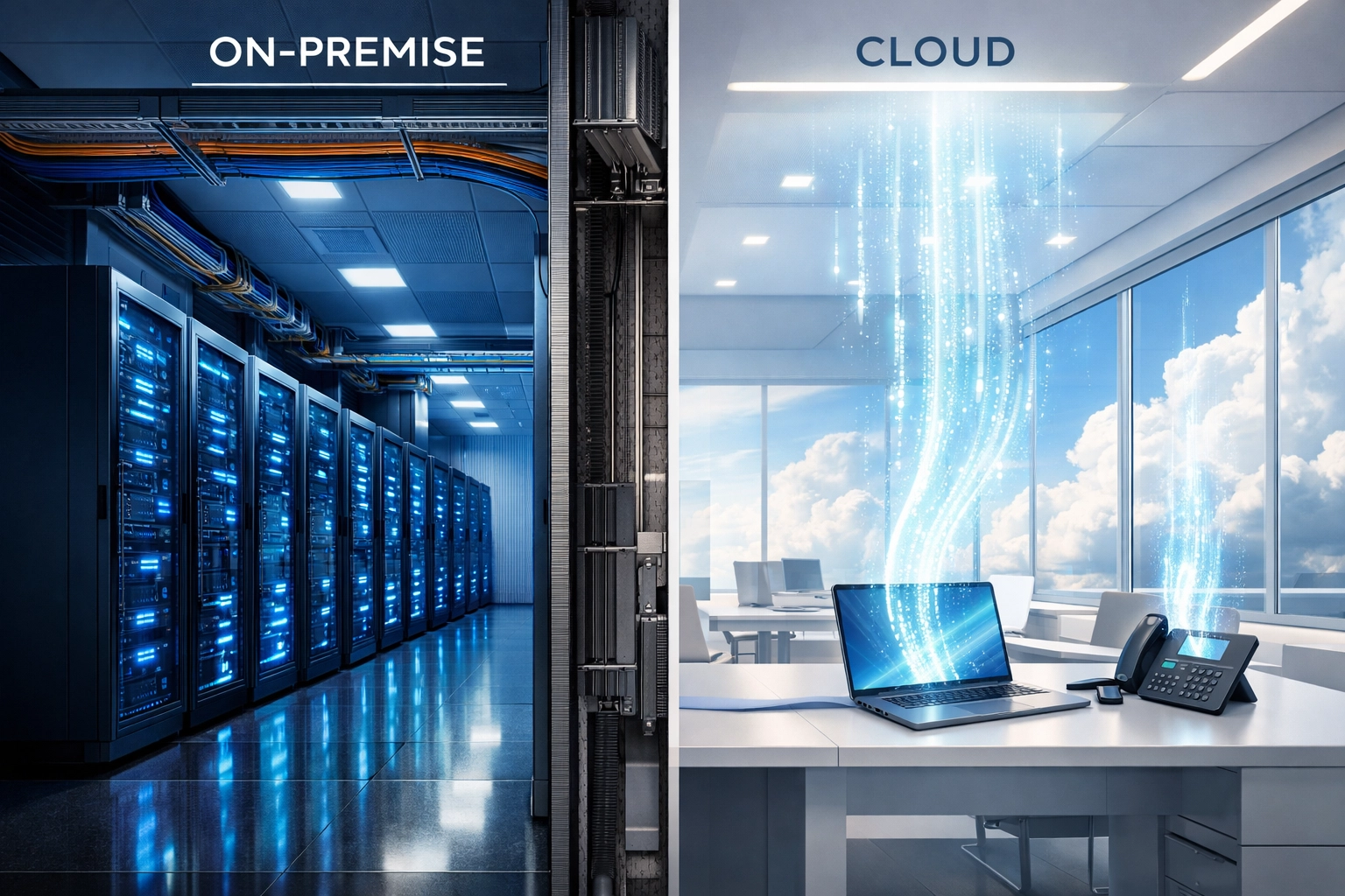 Visual comparison of on-premise IP PBX hardware versus cloud PBX Canada services for large enterprises.