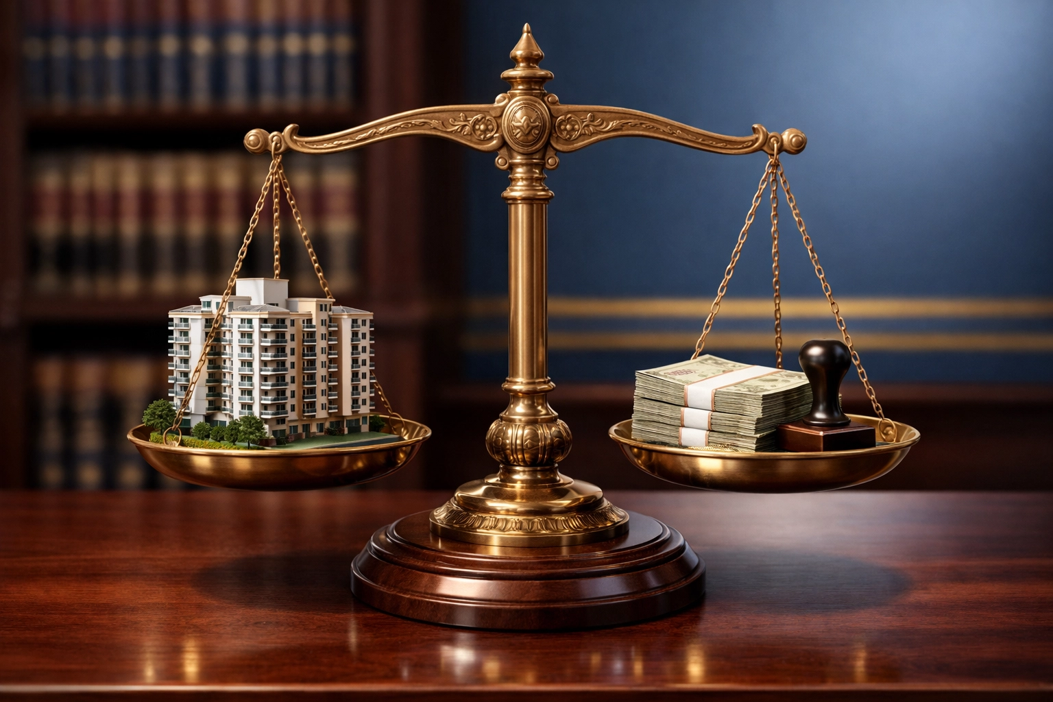 Scales of justice balancing a property model with Indian Rupees for fair valuation and stamp duty calculation.