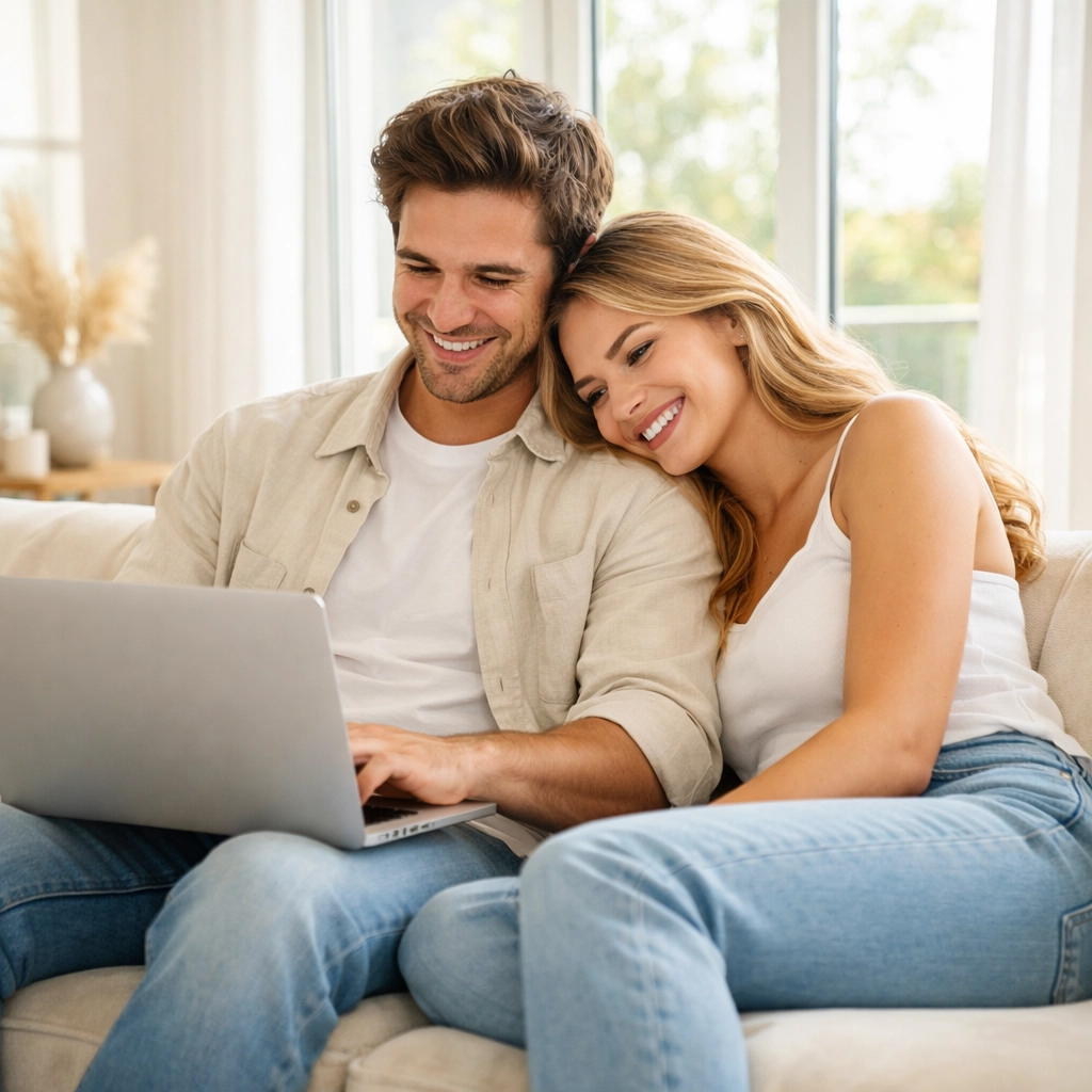 A happy couple planning a debt-free wedding on a laptop, starting their marriage with financial peace.