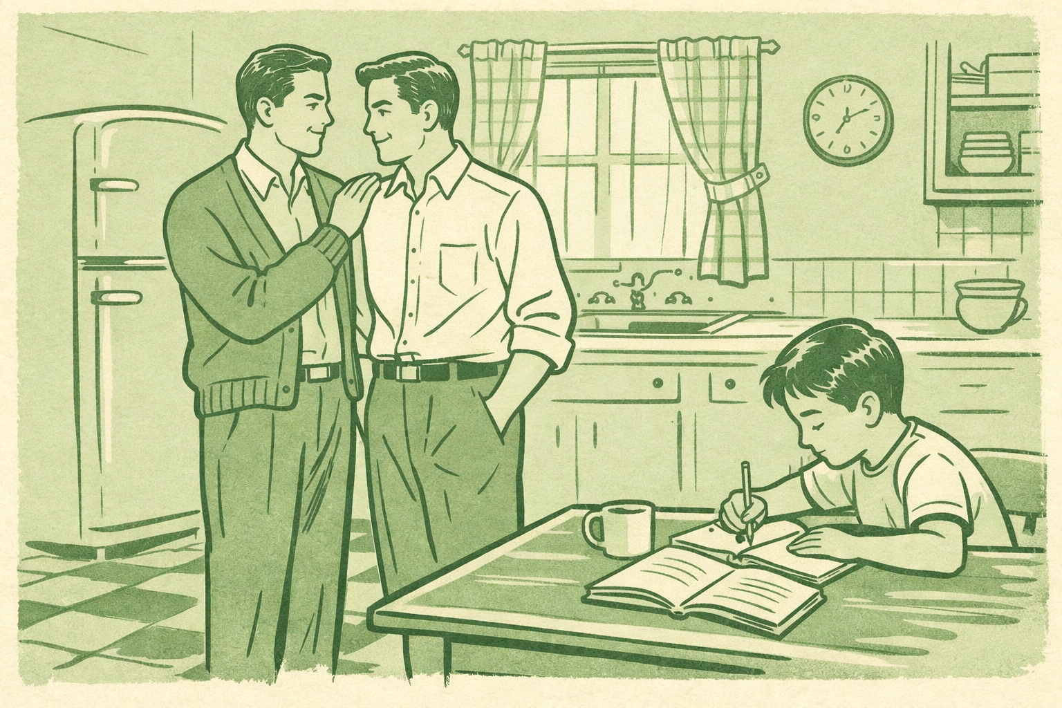 Two men raising their nephew in 1950s suburban kitchen, representing closeted gay families in post-war America