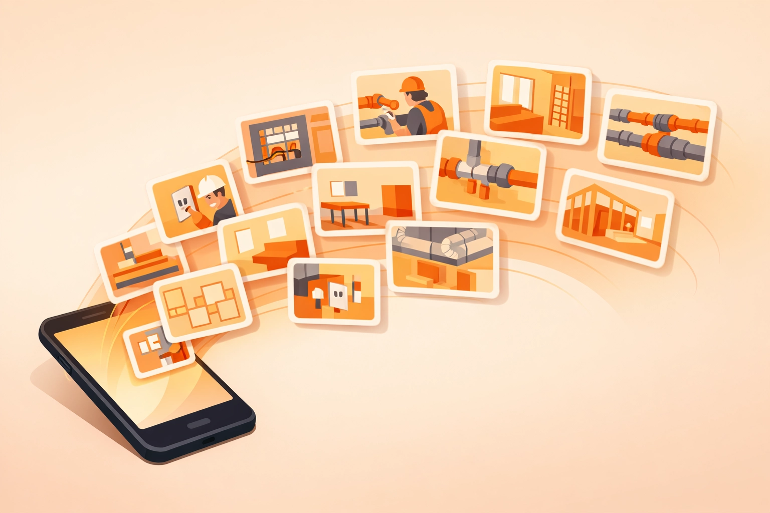 Organized construction photo timeline on smartphone showing job progress and documentation