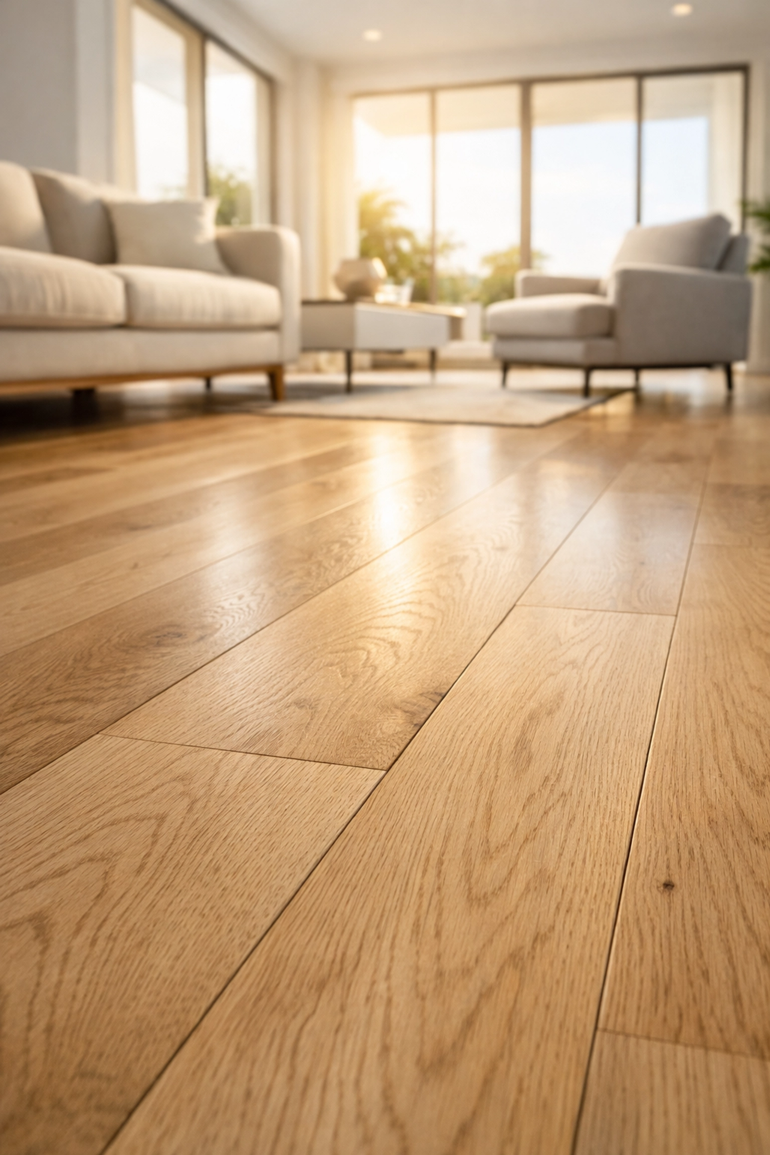 Modern Orlando living room featuring light-toned hardwood flooring renovation for a clean aesthetic.