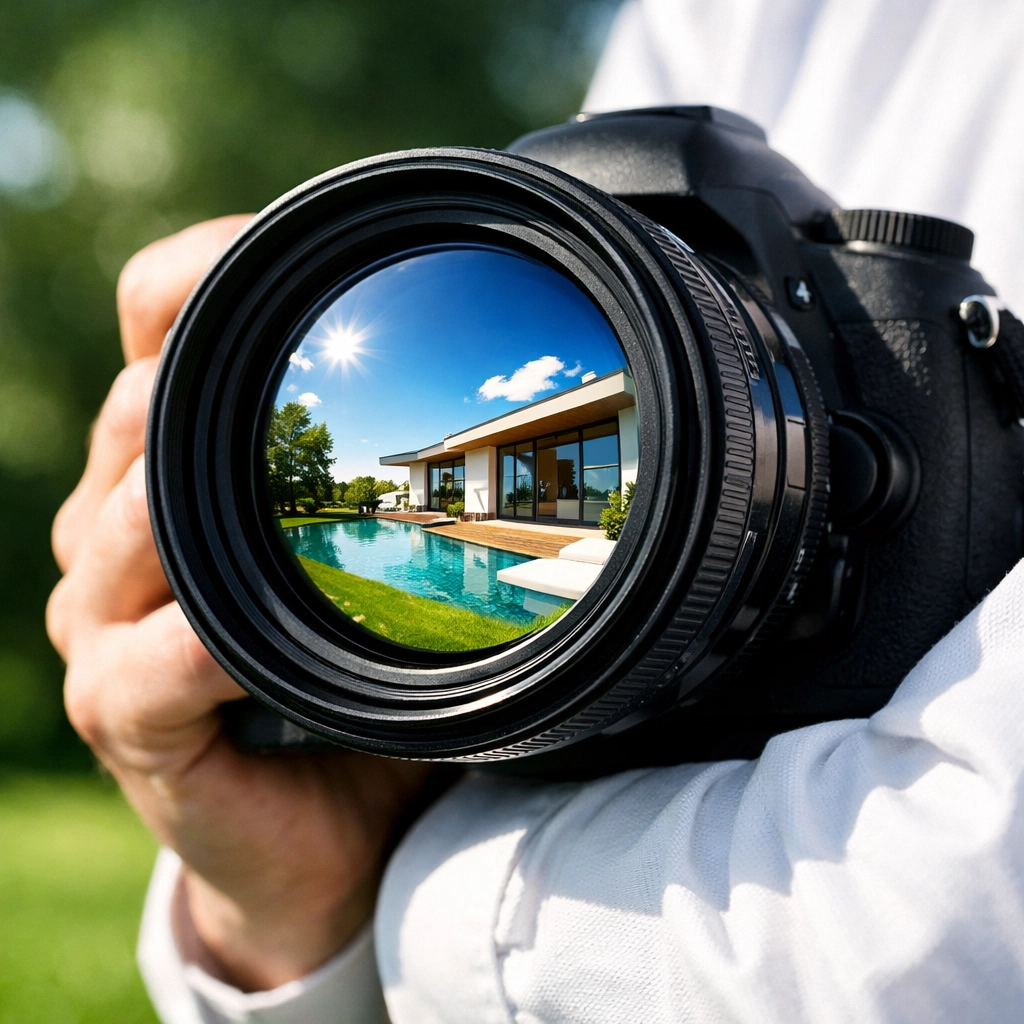 Camera lens reflecting a real home exterior, showcasing authentic photography for real estate agents.
