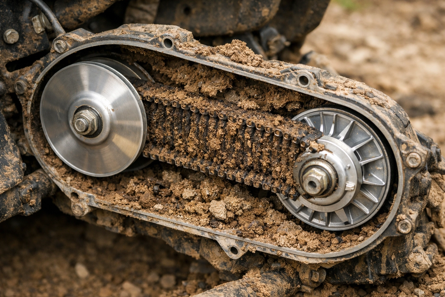 Dirty UTV belt housing filled with mud and debris causing belt slipping and power loss