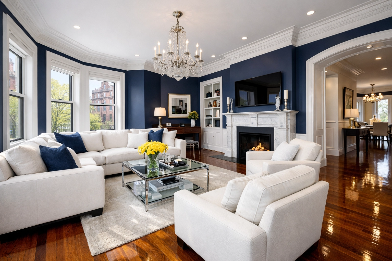 Immaculate luxury living room in Boston showcasing deep cleaning MA results with gleaming floors.