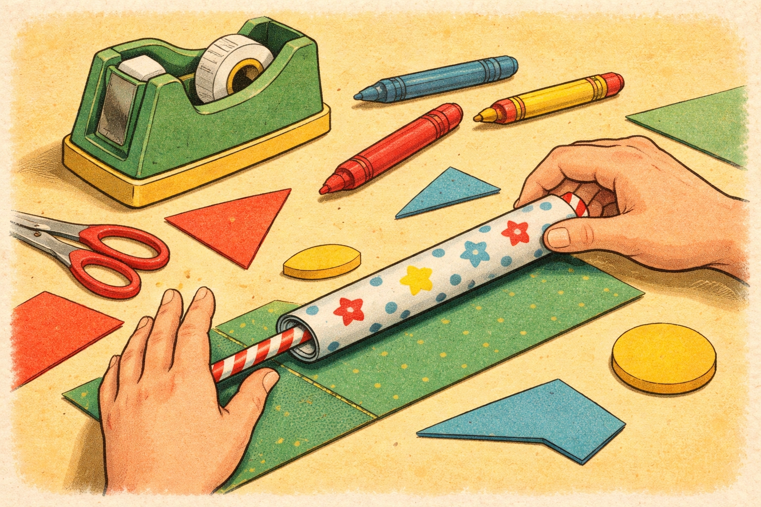 Close-up of hands rolling decorated paper around a straw, preparing a homemade straw rocket.