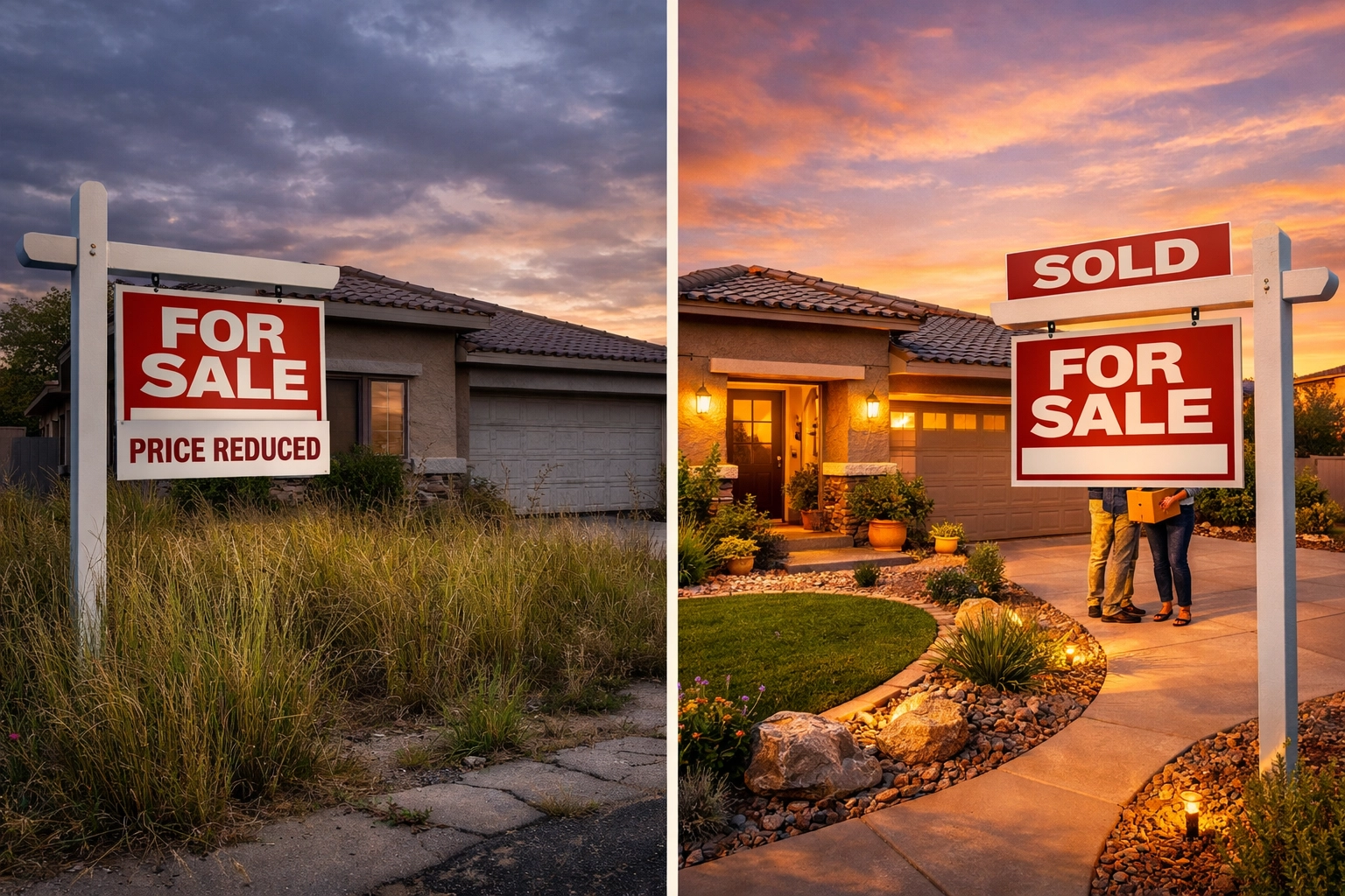 Comparison of overpriced Phoenix home for sale versus properly priced sold home with staging
