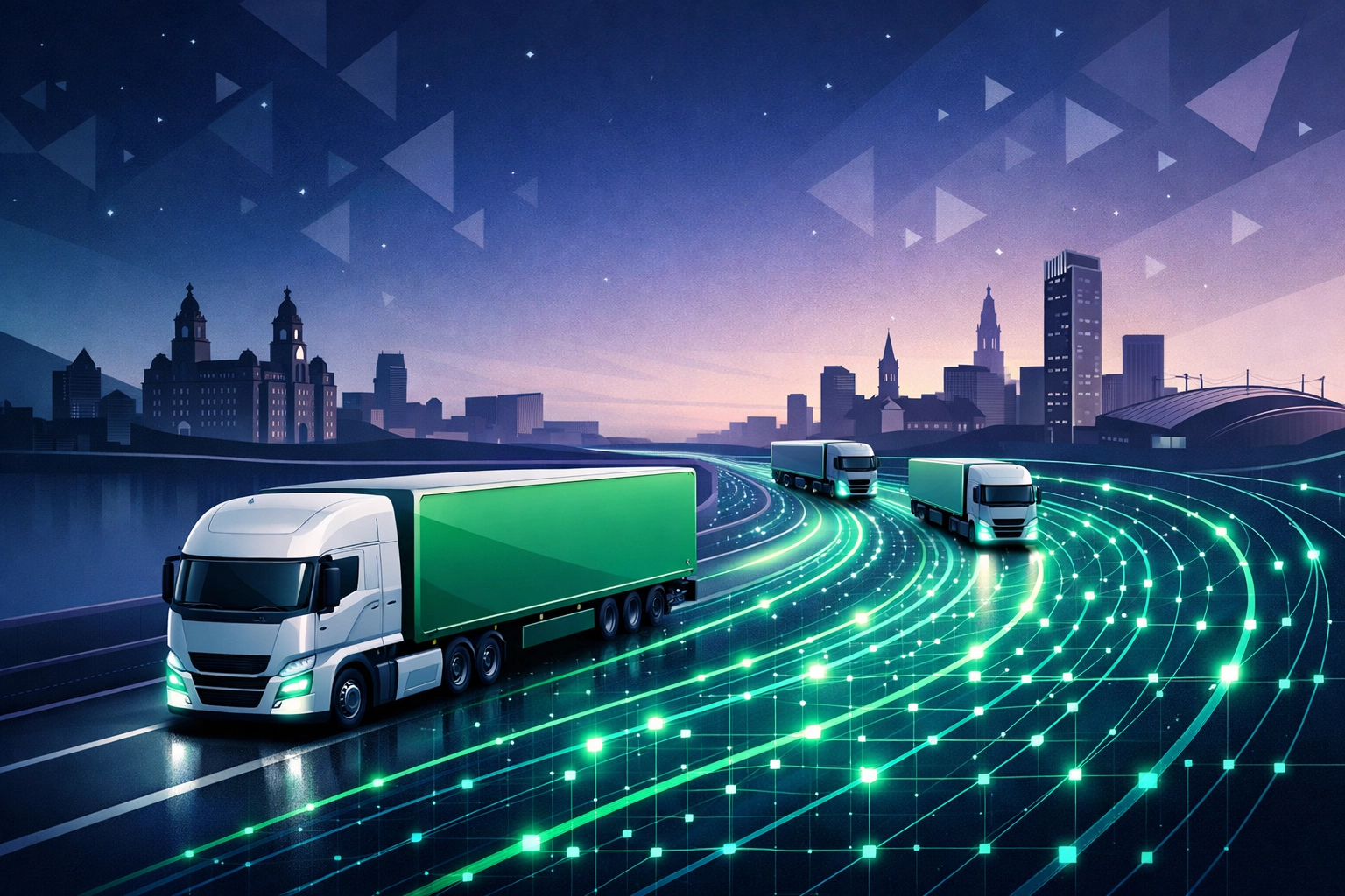 HGV fleet on a highway with the Liverpool and Manchester skyline, showing logistics growth.