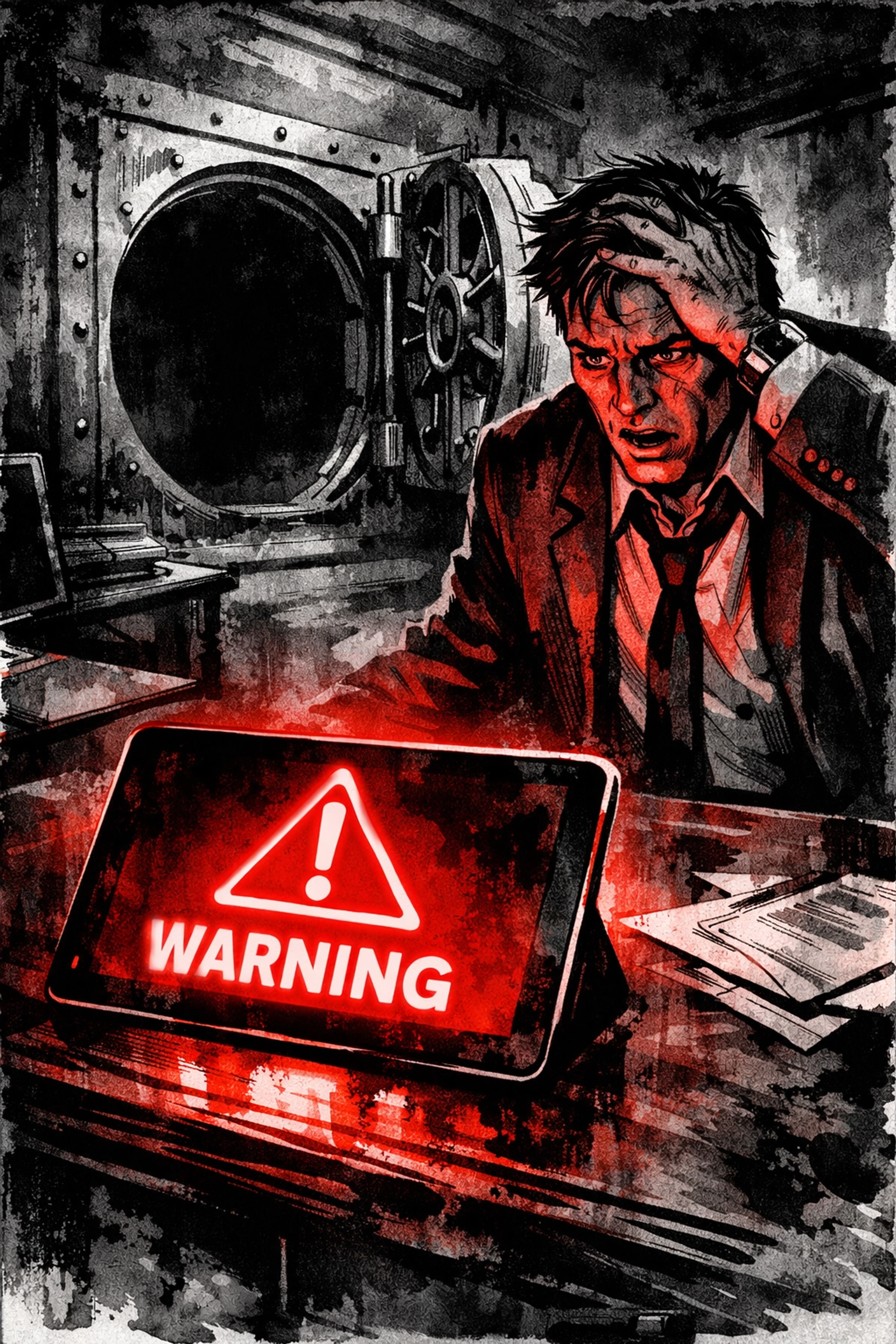 Business owner reviewing an ACH penalty notice and empty vault due to non-compliance.