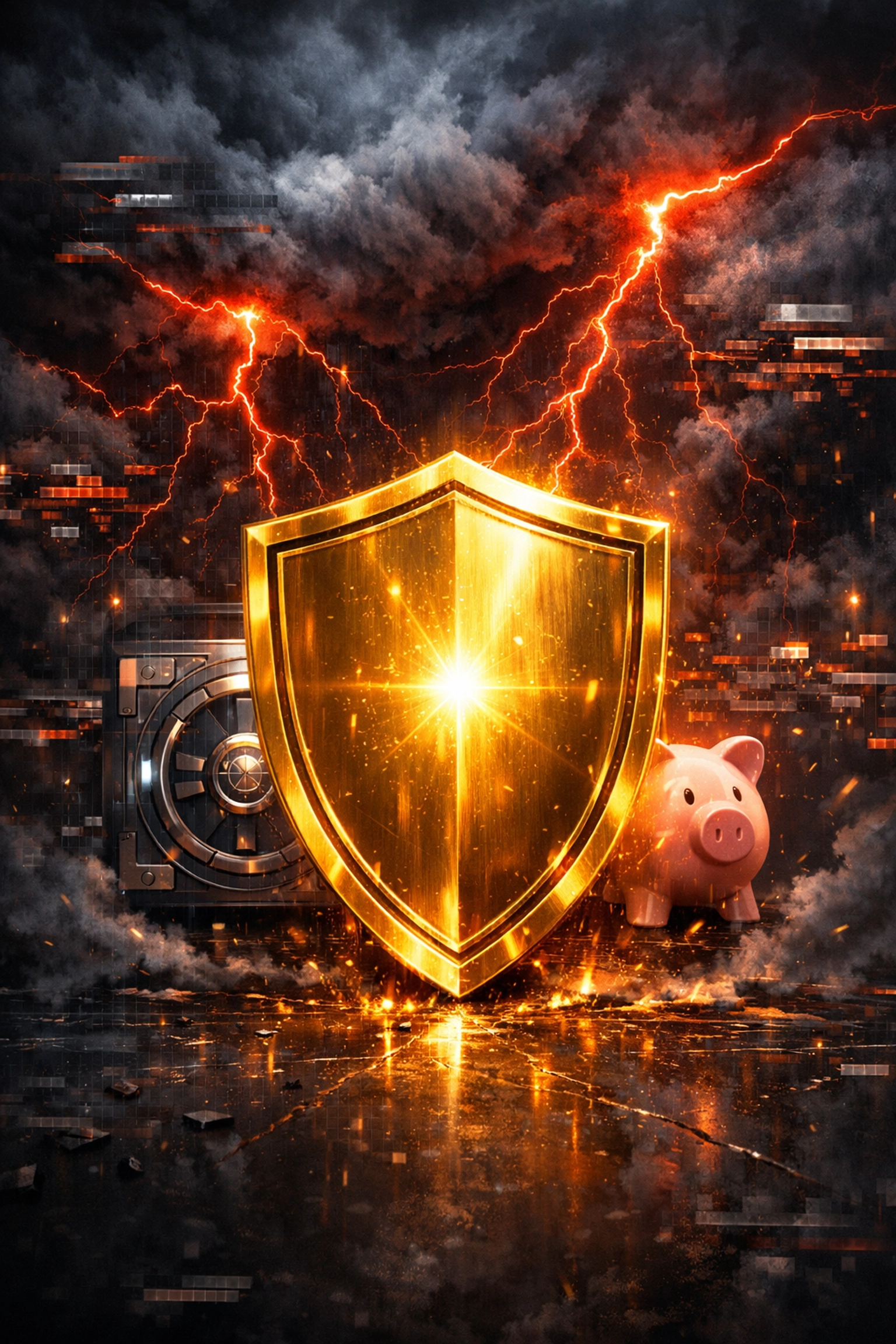 A golden shield protecting a bank vault from digital glitches to symbolize fraud and scam protection.