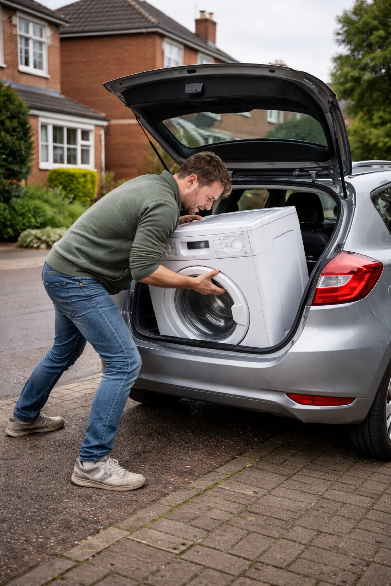 Person struggling to load a washing machine into a car, showing the difficulty of DIY appliance disposal