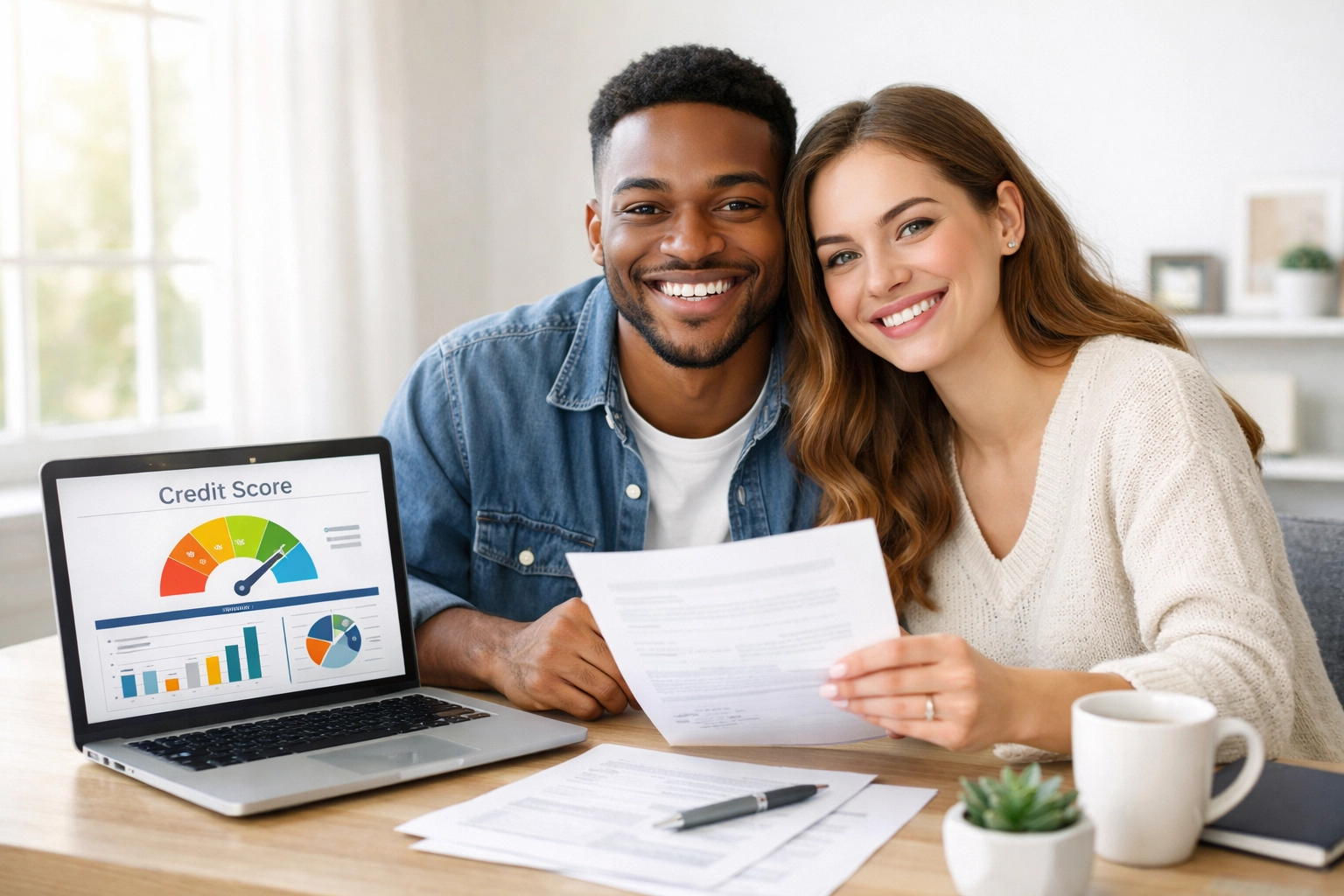 Couple reviewing credit score progress on laptop at home office desk