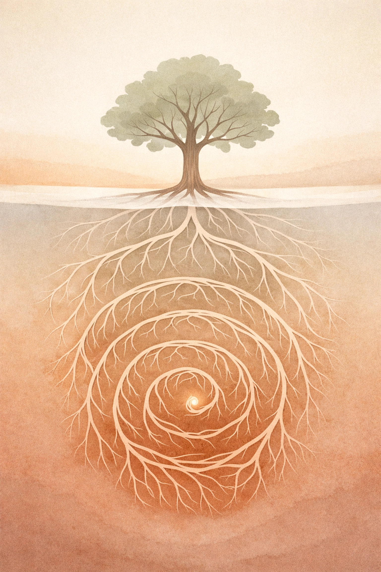 Soft-toned illustration of deep tree roots representing root-cause healing and transformation in spiritual coaching.