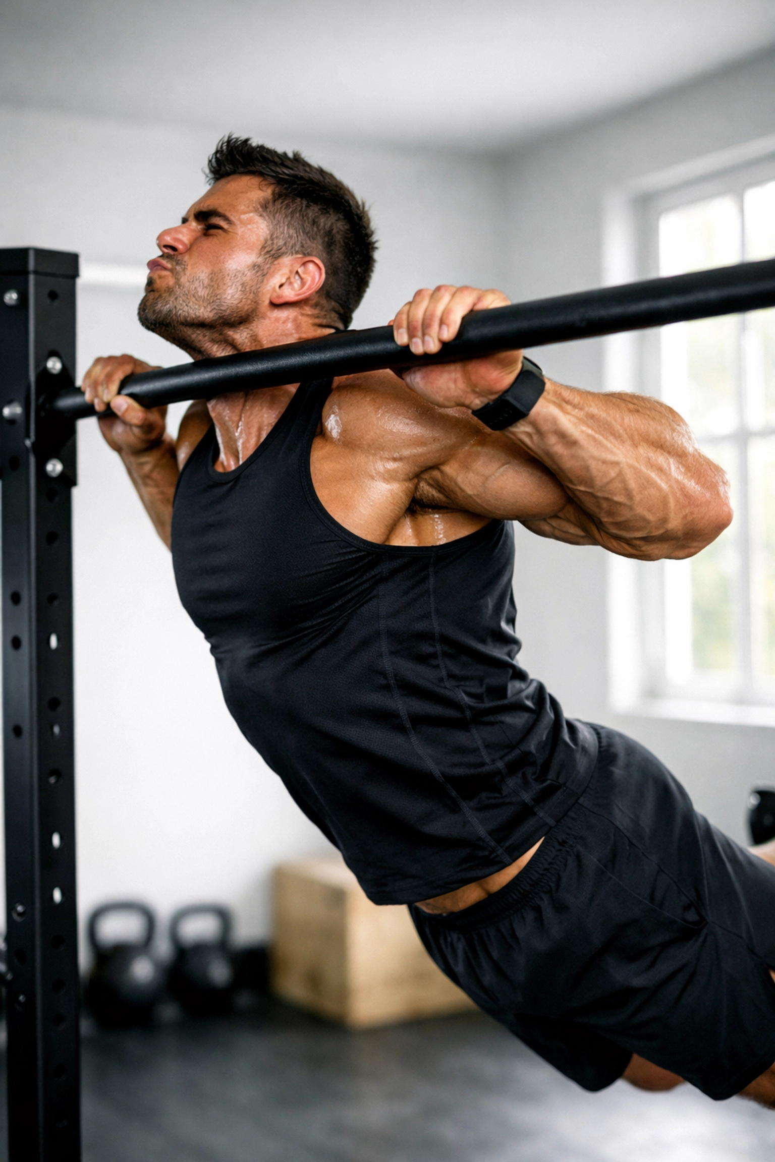 Athlete performing chest-to-bar pull-up in home gym for muscle-up training progression