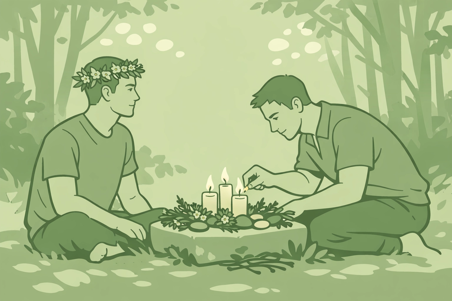 Modern queer Midsummer ceremony with two men lighting candles at forest altar with flower crown