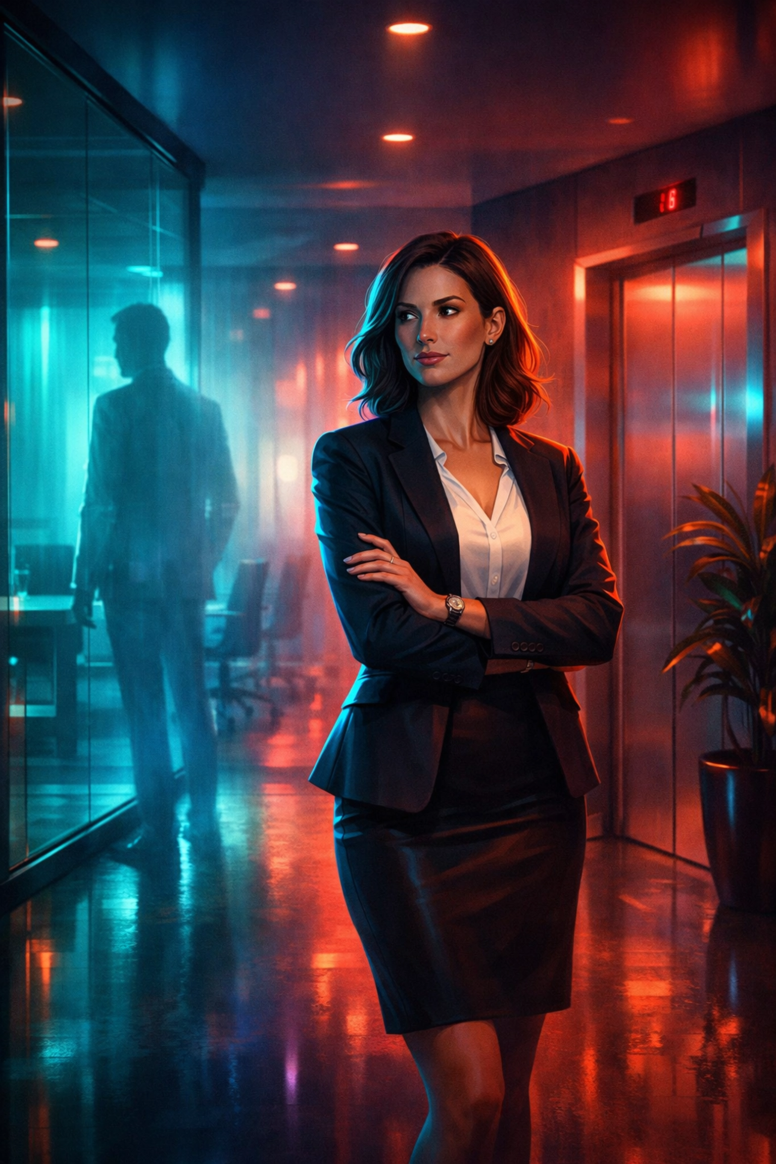 Professional woman moving forward after office breakup in modern workplace corridor