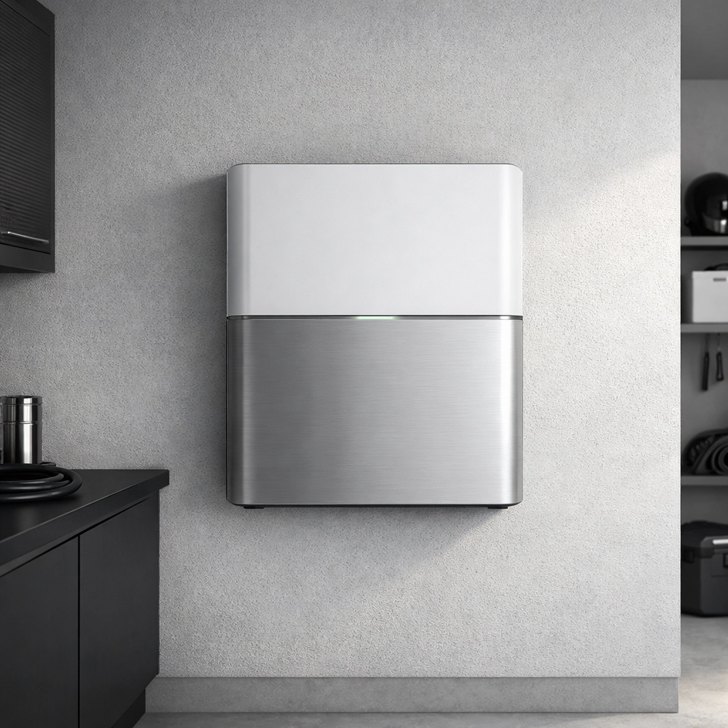 Sleek home battery storage unit installed for energy independence and backup power.