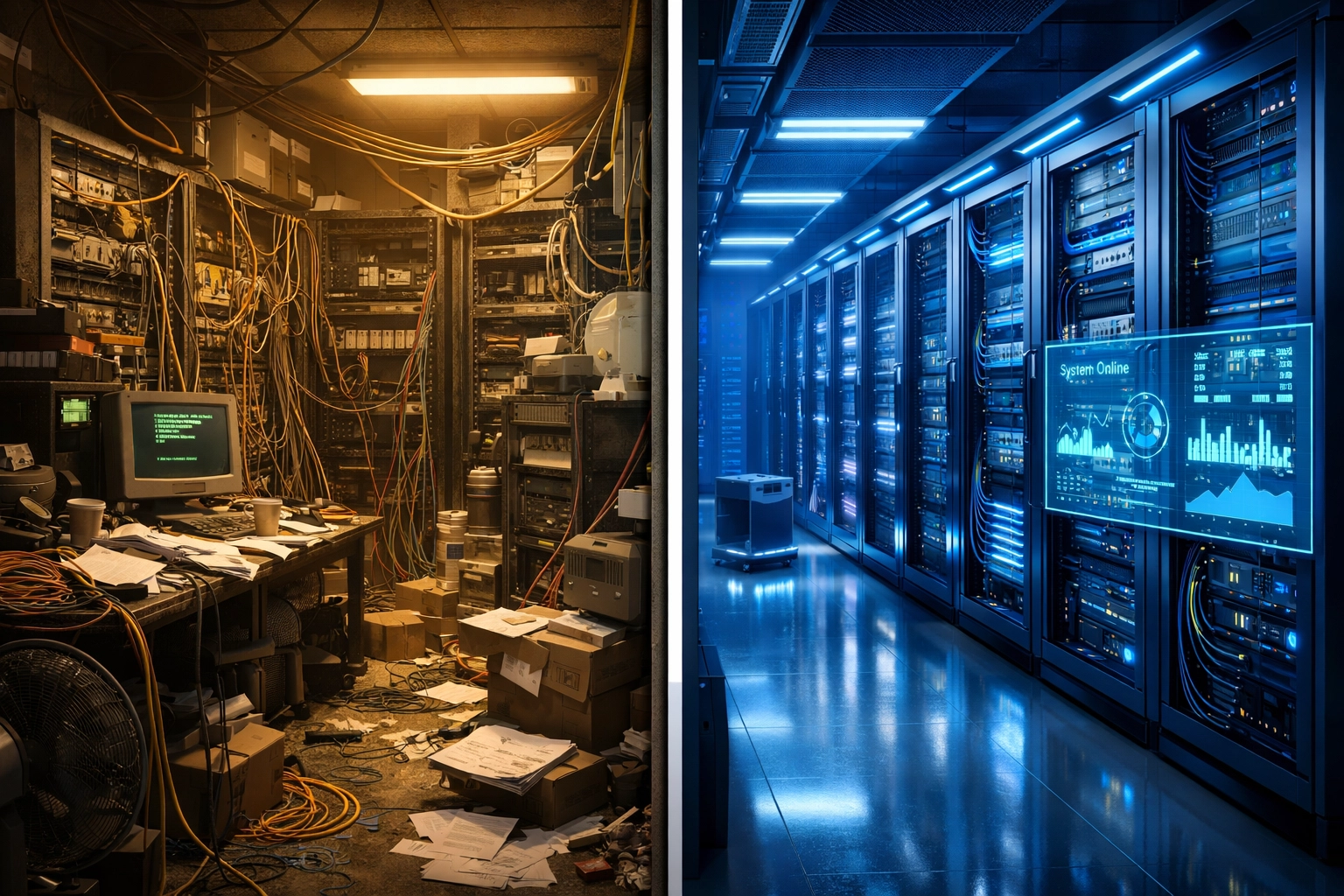 Comparison of legacy IT systems versus modern ServiceNow ITOM infrastructure for banking compliance