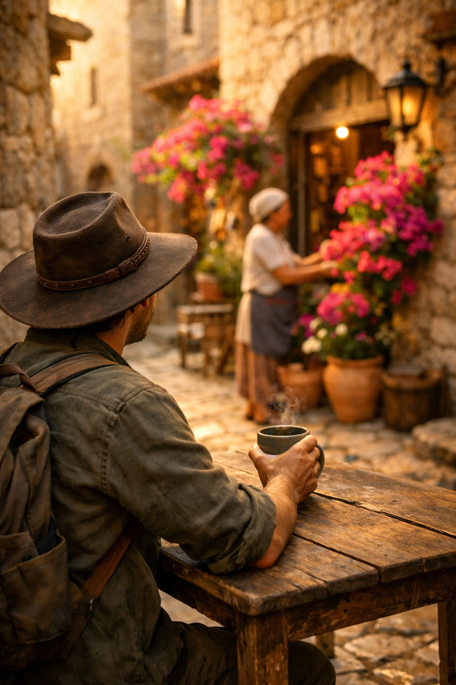 A relaxed traveler enjoying a quiet morning in a Mediterranean village alleyway, reflecting the slow travel movement.