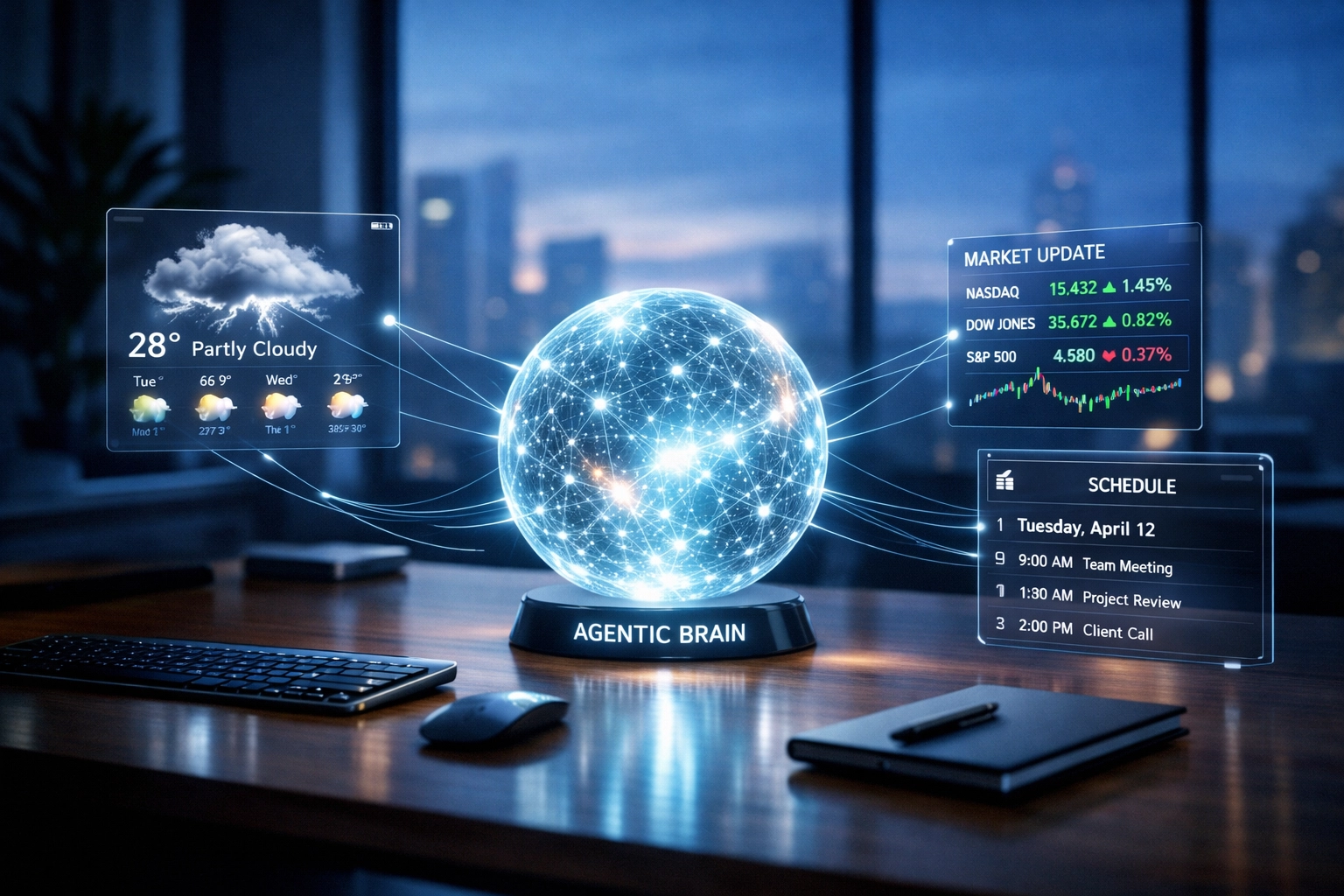 Digital agentic AI brain connecting to automated workflow panels in a futuristic office setting.