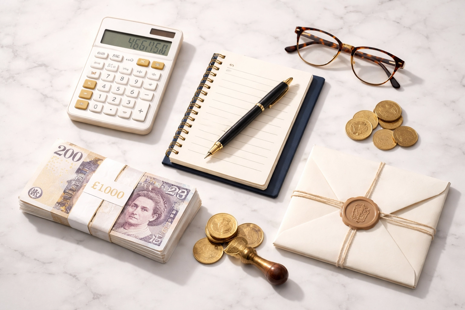 Financial planning elements for divorce costs in the UK, including legal documents and pound notes