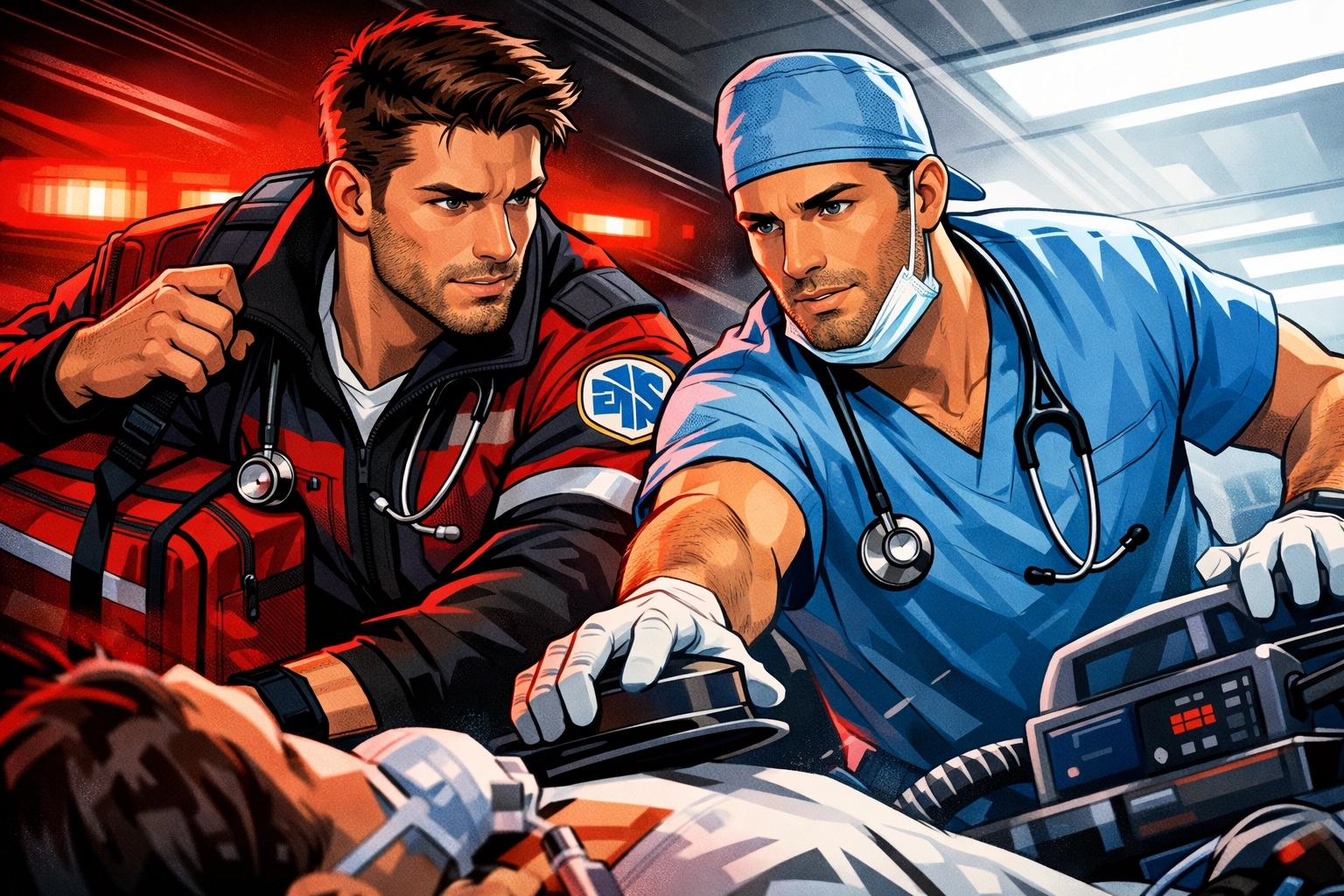 Gay paramedic and ER doctor collaborate during emergency - LGBTQ+ healthcare representation