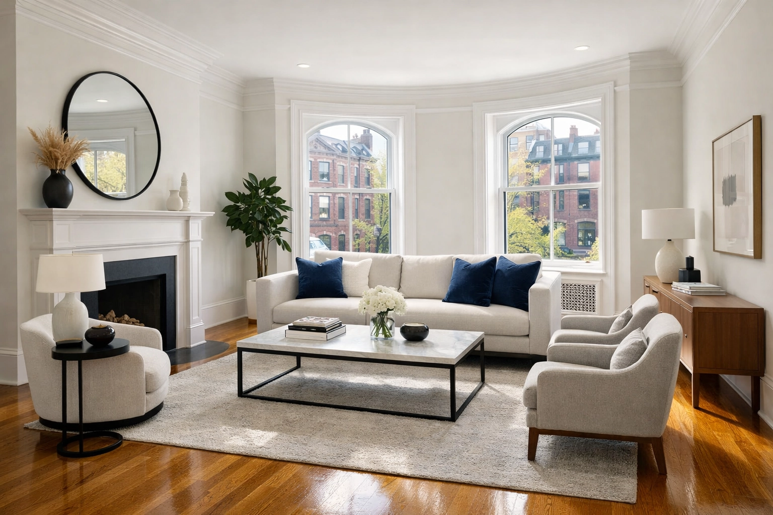 Staged living room in a Boston brownstone highlighting work by professional cleaners Boston MA.